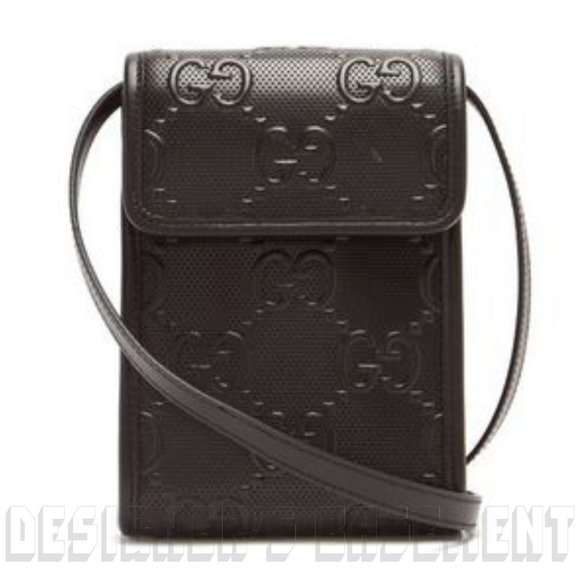 GUCCI black GG TENNIS smooth Perforated GUCCISSIMA Leather CrossBody PHONE bagπ - Picture 3 of 11
